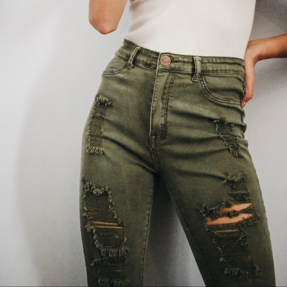 Dark Green Ripped Jeans